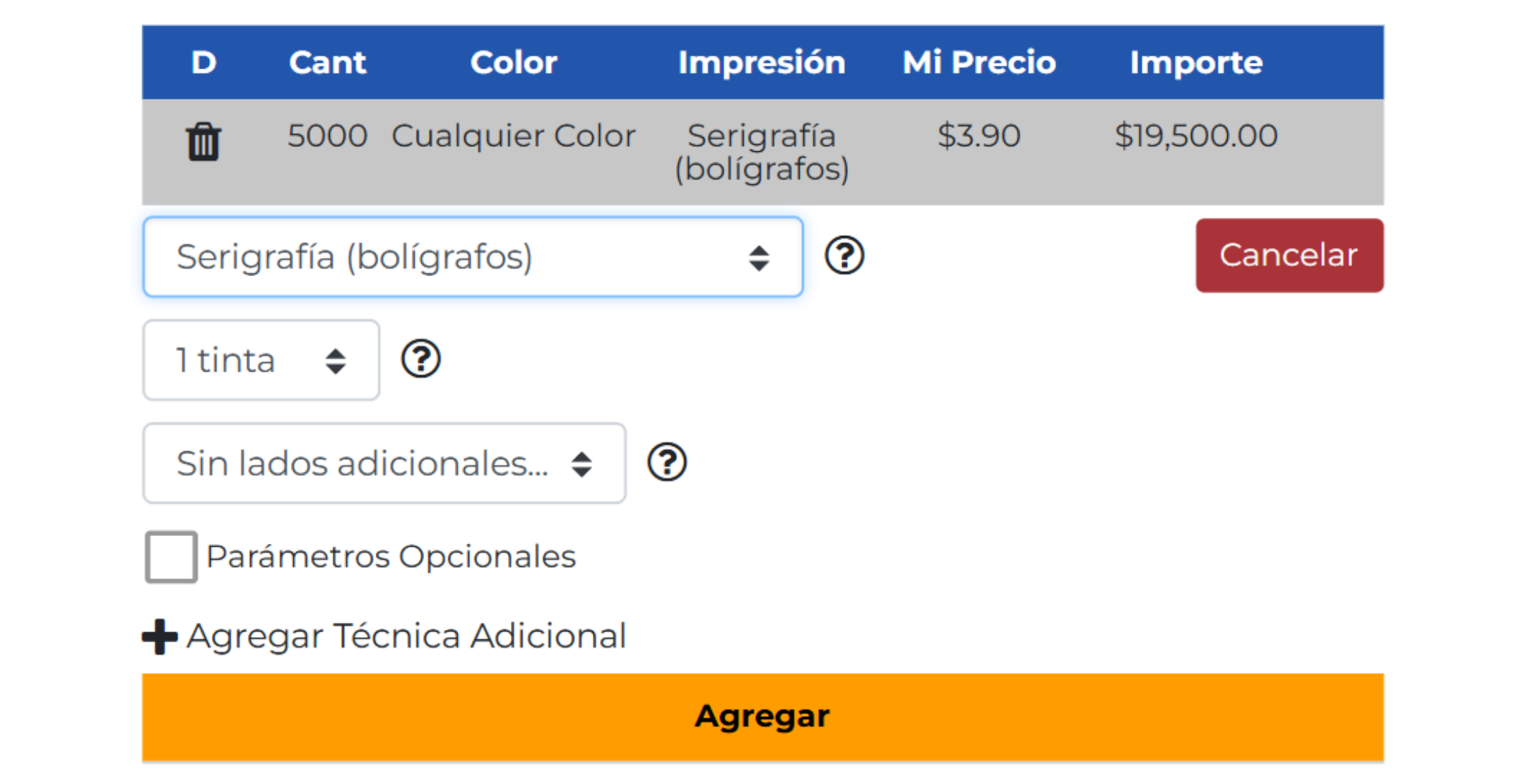 Formulario de personalización en maci.com.mx: selector de técnica de impresión, número de tintas y lados